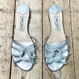 Jimmy Choo Rocco Silver Flat Sandals Size 41 | Metallic Leather Designer Slides